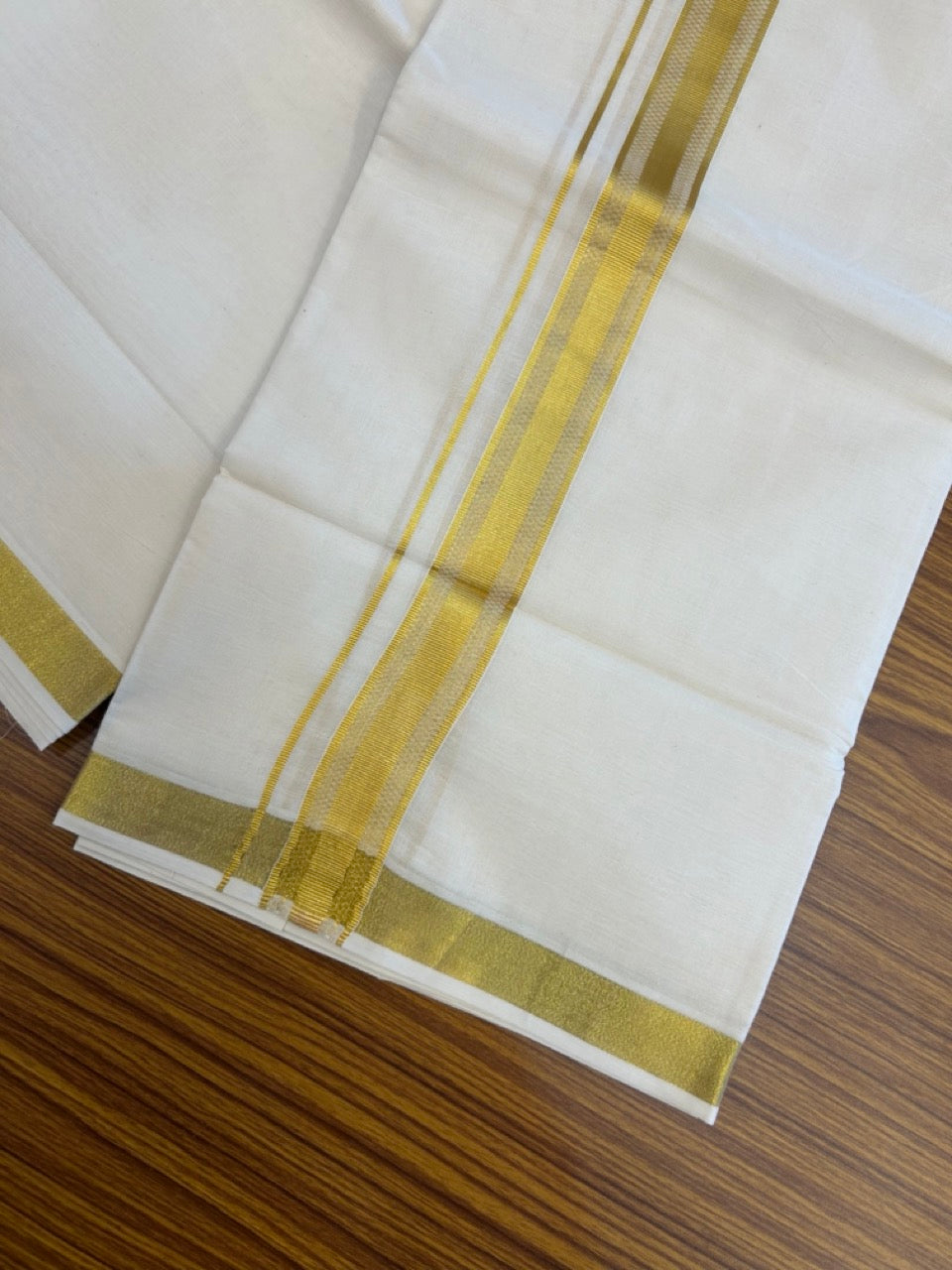 20% Discount ! Kaitharikada Balaramapuram 100% Cotton Off White Double Mundu/Dothi  - 100x100- 1.25 Inch Gold Kasav Design Kara - 14 KK5253 GAN