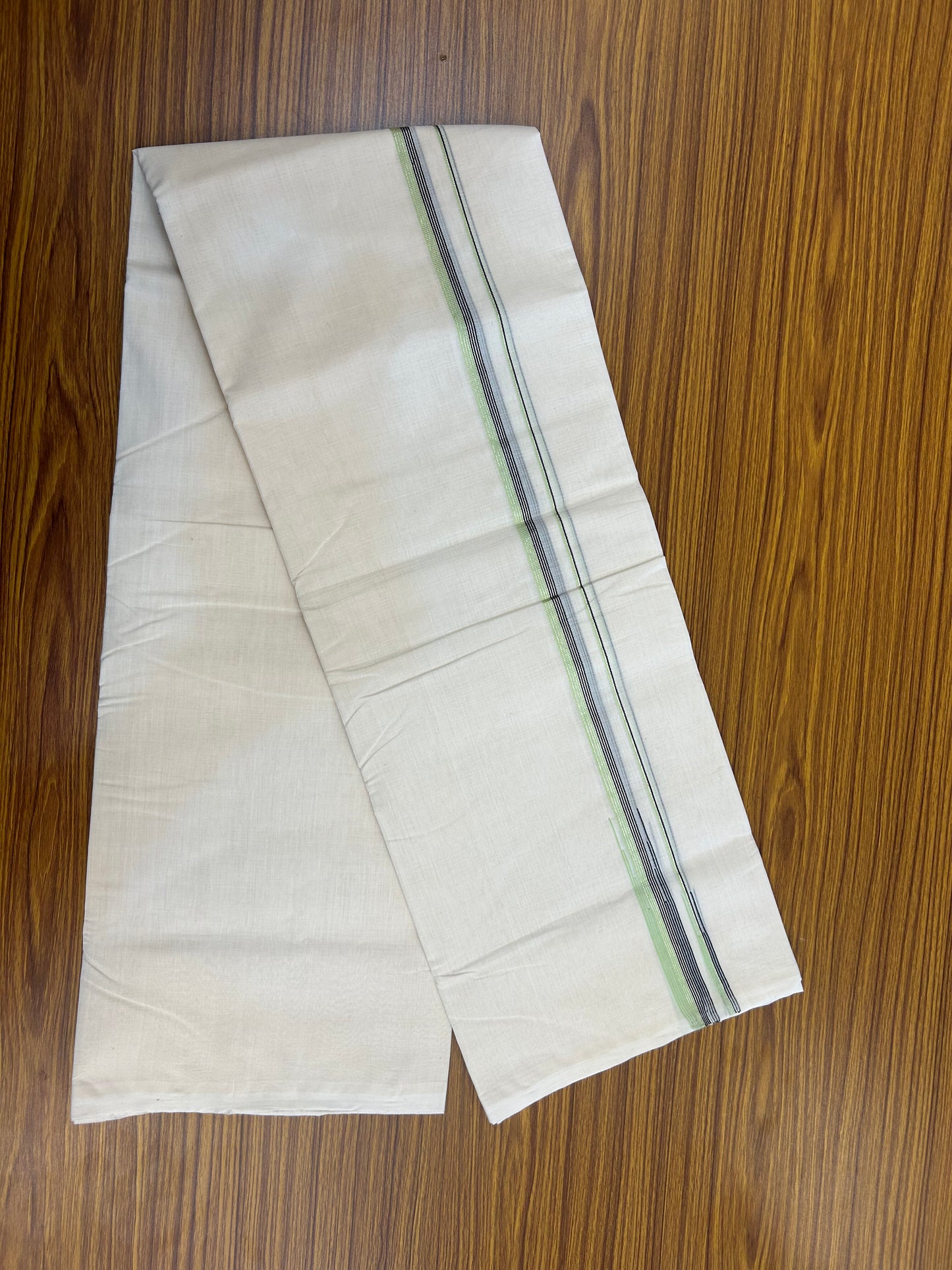 25% Discount ! KaithariKada Handloom Millpaav Kerala Handloom - 100% Pure Cotton Off White Double (Unbleached) Mundu/Dothi - 80X90 - 1 inch Puliyilakkara Silver Kasav Black & Light Green Stripes chutty Kara 4 mtr (8.5 Muzham) - 16 KK5376 RAM