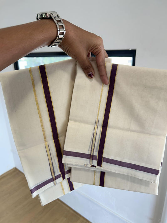 25% Discount !! KaithariKada Handloom Unakkupaav Balaramapuram - 100% Pure Cotton Off White Single Set Mundu - 100x80 - 0.5 Inch Gold Kasav & Purple Puliyilakkara Chutty - Mundu 2 mtr & Neriyath 2.70 mtr - 8 KK7159 SOM