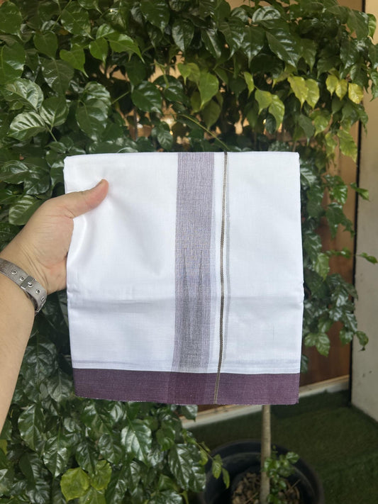 20% Discount!! Kaitharikada Balaramapuram 100% Pure Cotton Pure White Double Mundu/Dothi - 100x80 - 1.5 inch Deep Wine & Black Silver Kasav Stripes Chutty Kara 3.90 m (8 muzham) - 25 KK5356 VAS