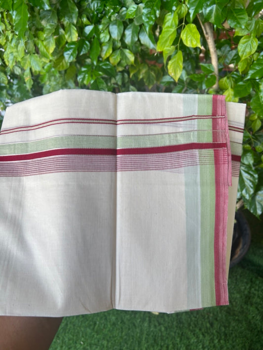 20% DISCOUNT! KaithariKada Balaramapuram 100% Cotton Double OFF WHITE (unbleached) Mundu/Dhoti- 100x80- 1.5 inch Silver Kasavu Maroon Red & Pistha Green Stripes Shaded Kara 4 mtr (8.5 muzham) - 99KK5227 PMC