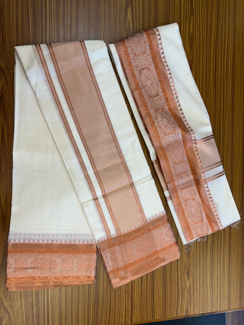 20% Discount! KaithariKada  Mixed Cotton Off White - (Unbleached) 80x90 thread - North Indian - Gamcha 8x4 - 3.5 inch kara with Copper Kasav Design border - 5 KK5303 PMC
