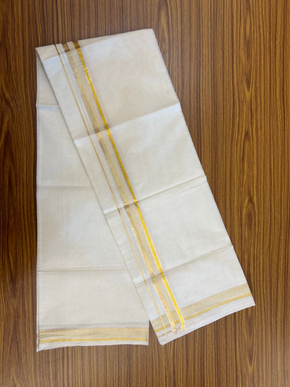 20% Discount ! Kaitharikada Balaramapuram 100% Cotton Off White Double Mundu/Dothi  - 100x100- 1.25 Inch Silver & Gold Kasav Striped Kara - 15 KK5253 GAN