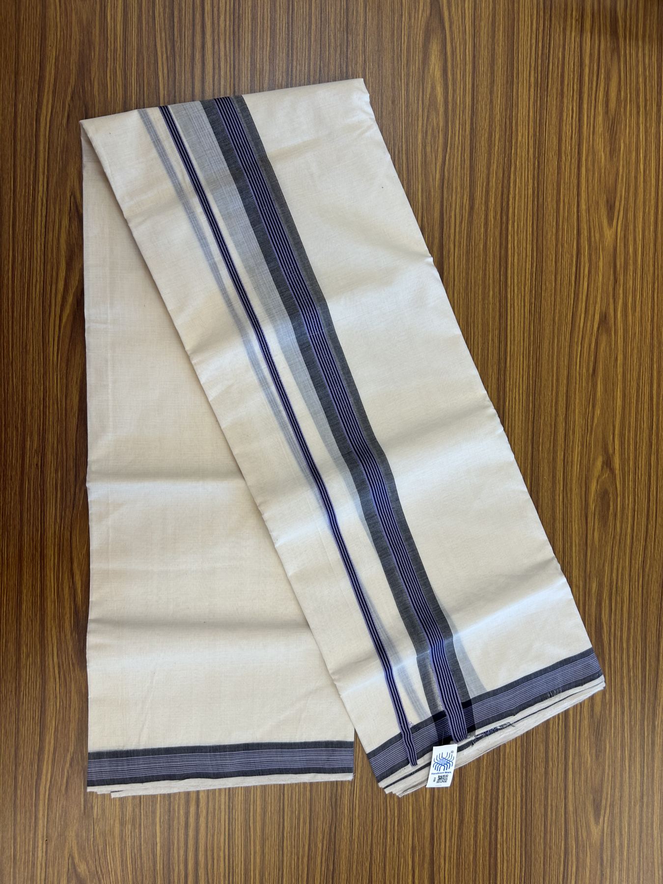 Kerala Handloom - Signature Kaitharikada - 25% Discount ! - Government Sealed Hallmarked-100% Pure Cotton! (90X80s) Twisted Thread- Off White Double Mundu/Dhoti - 1.5 inch Black & Lavender Shaded Striped Kara 4 mtr (8.5 muzham) - 28 KK5331 KAL