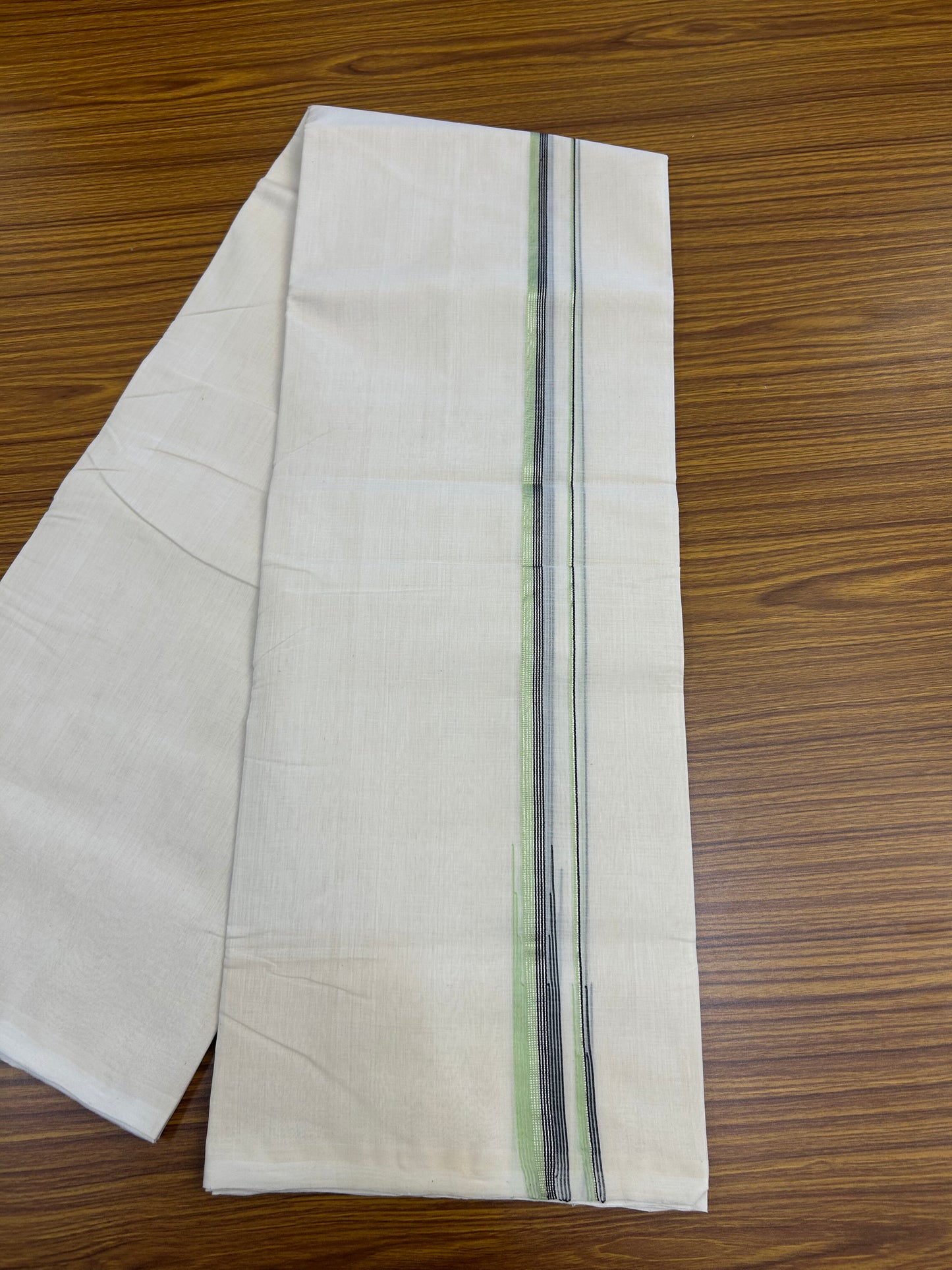 25% Discount ! KaithariKada Handloom Millpaav Kerala Handloom - 100% Pure Cotton Off White Double (Unbleached) Mundu/Dothi - 80X90 - 1 inch Puliyilakkara Silver Kasav Black & Light Green Stripes chutty Kara 4 mtr (8.5 Muzham) - 16 KK5376 RAM