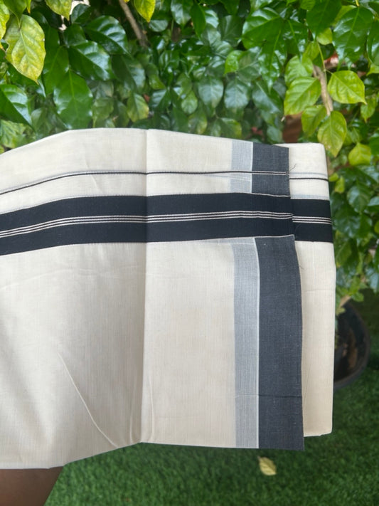 20% DISCOUNT! KaithariKada Balaramapuram 100% Cotton Double OFF WHITE (unbleached) Mundu/Dhoti- 100x80- 1.5 inch Silver Kasavu & Black Stripes Shaded Kara 4 mtr (8.5 muzham) - 100KK5227 PMC
