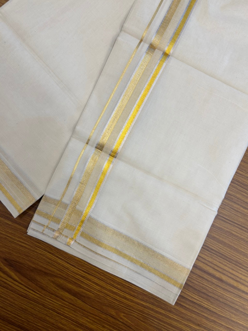 20% Discount ! Kaitharikada Balaramapuram 100% Cotton Off White Double Mundu/Dothi  - 100x100- 1.25 Inch Silver & Gold Kasav Striped Kara - 15 KK5253 GAN