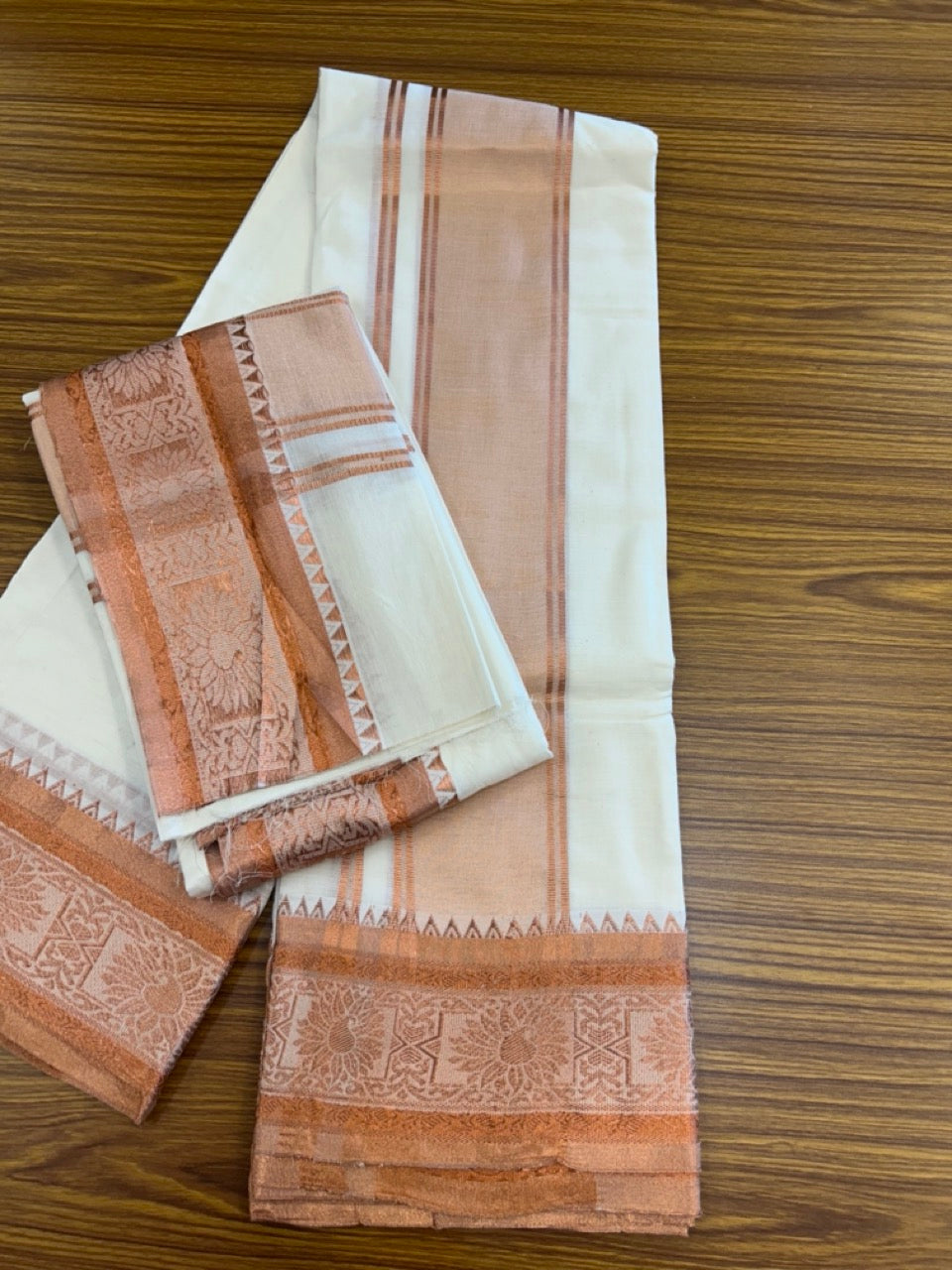 20% Discount! KaithariKada  Mixed Cotton Off White - (Unbleached) 80x90 thread - North Indian - Gamcha 8x4 - 3.5 inch kara with Copper Kasav Design border - 5 KK5303 PMC
