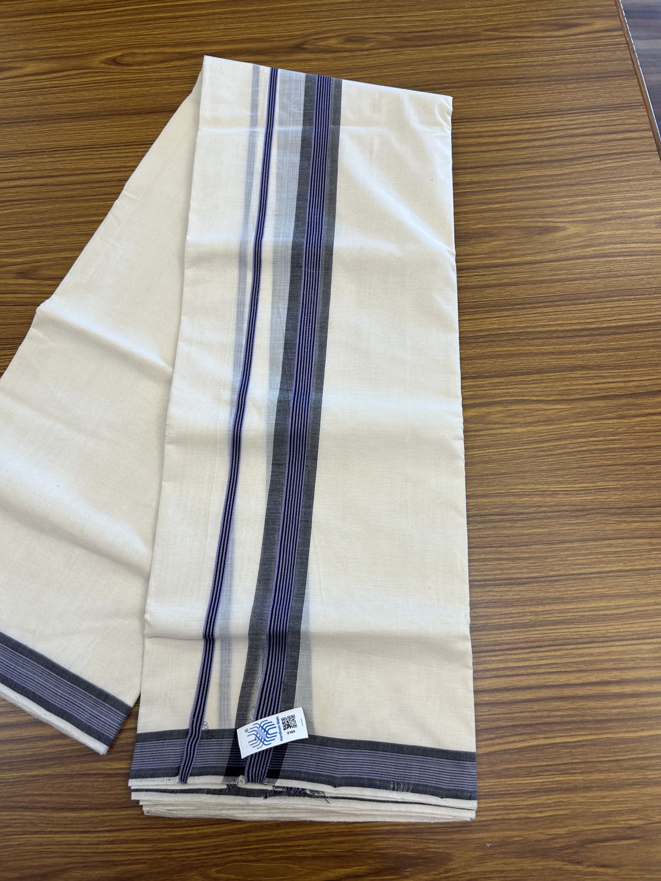 Kerala Handloom - Signature Kaitharikada - 25% Discount ! - Government Sealed Hallmarked-100% Pure Cotton! (90X80s) Twisted Thread- Off White Double Mundu/Dhoti - 1.5 inch Black & Lavender Shaded Striped Kara 4 mtr (8.5 muzham) - 28 KK5331 KAL