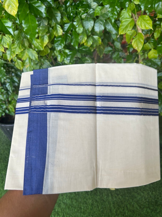 20% DISCOUNT! KaithariKada Balaramapuram 100% Cotton Double OFF WHITE (unbleached) Mundu/Dhoti- 100x80- 1.75 inch Silver Kasavu & Dark Blue Stripes Shaded Kara 4 mtr (8.5 muzham) - 92KK5227 PMC