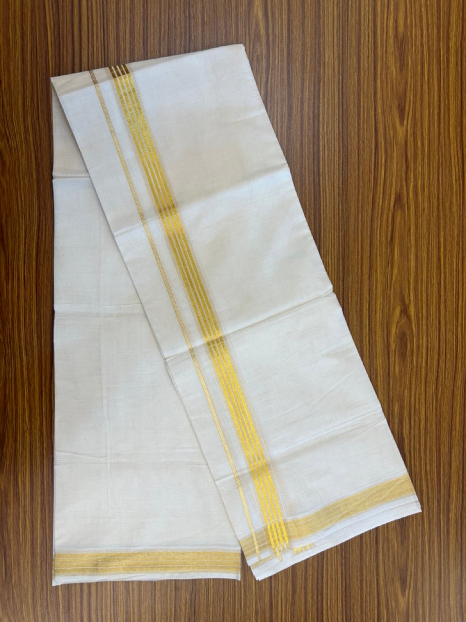 20% Discount ! Kaitharikada Balaramapuram 100% Cotton Off White Double Mundu/Dothi  - 100x100- 1.25 Inch Gold Kasav Striped Kara - 16 KK5253 GAN