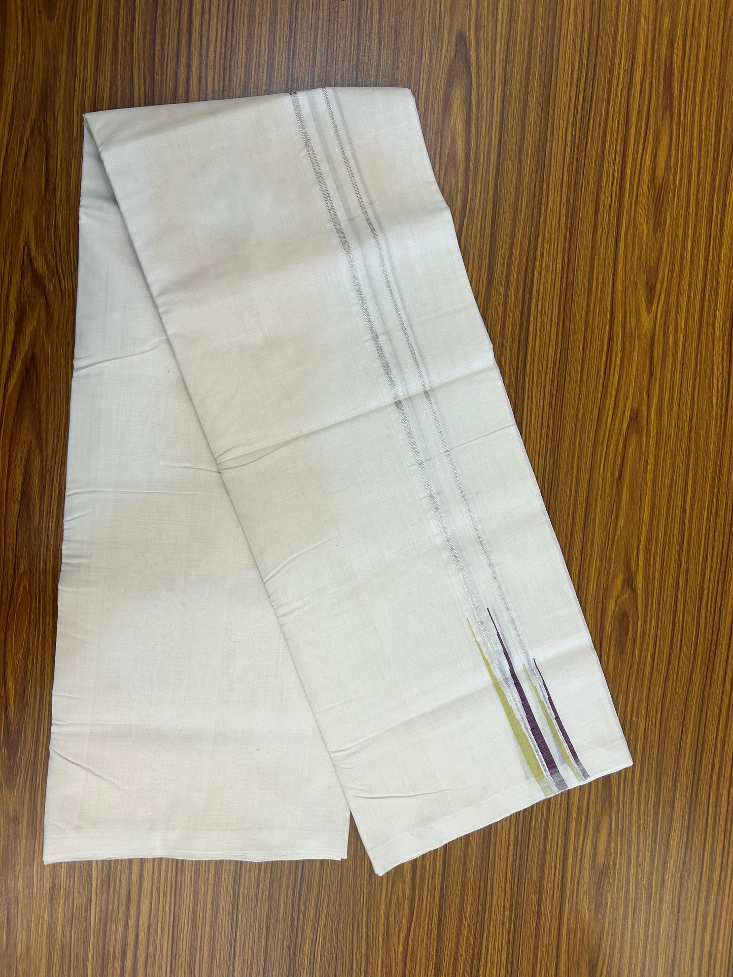 25% Discount! KaithariKada Handloom Millpaav Kerala Handloom - 100% Pure Cotton Off White Double (Unbleached) Mundu/Dothi - 80X90 -1 inch Puliyilakkara Silver Kasav Wine Purple & Light Yellow Double chutty 4 mtr (8.5 Muzham) - 7 KK5376 RAM
