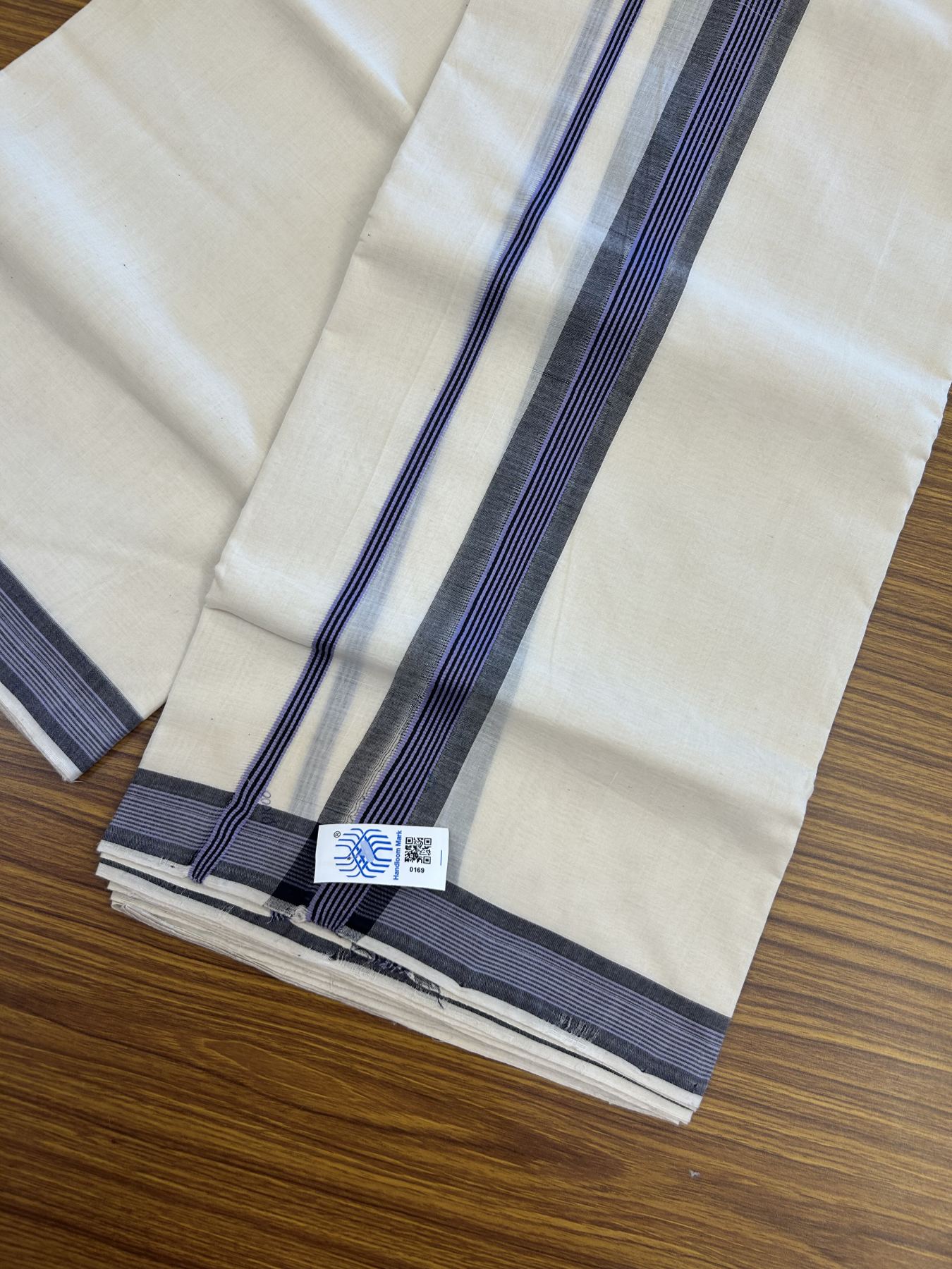 Kerala Handloom - Signature Kaitharikada - 25% Discount ! - Government Sealed Hallmarked-100% Pure Cotton! (90X80s) Twisted Thread- Off White Double Mundu/Dhoti - 1.5 inch Black & Lavender Shaded Striped Kara 4 mtr (8.5 muzham) - 28 KK5331 KAL