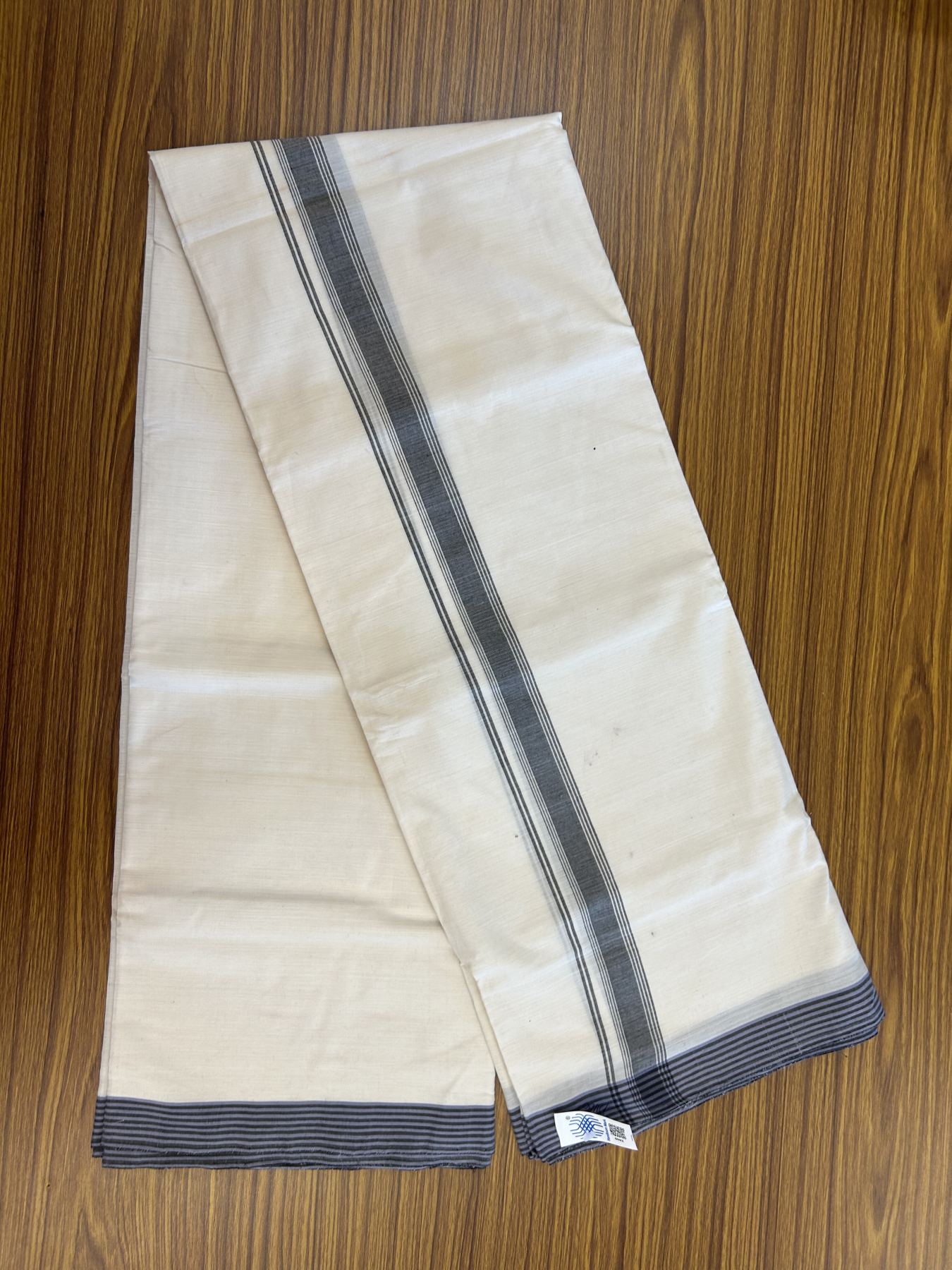 Kerala Handloom - Signature Kaitharikada - Government Sealed Hallmarked-100% Pure Cotton! (2/120sX100) Twisted Thread- Off White Double Mundu/Dhoti - 1 inch Black Shaded Striped Kara 4 mtr (8.5 muzham) - 29 KK5331 KAL