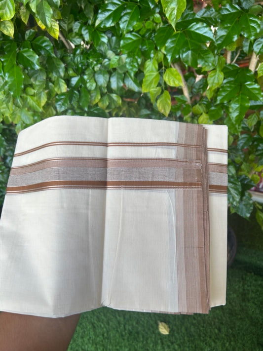 20% DISCOUNT! KaithariKada Balaramapuram 100% Cotton Double OFF WHITE (unbleached) Mundu/Dhoti- 100x80- 1.75 inch Silver Kasavu & Brown Stripes Shaded Kara 4 mtr (8.5 muzham) - 93KK5227 PMC