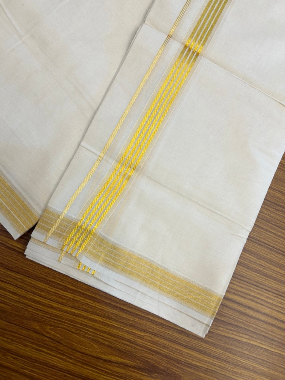20% Discount ! Kaitharikada Balaramapuram 100% Cotton Off White Double Mundu/Dothi  - 100x100- 1.25 Inch Gold Kasav Striped Kara - 16 KK5253 GAN