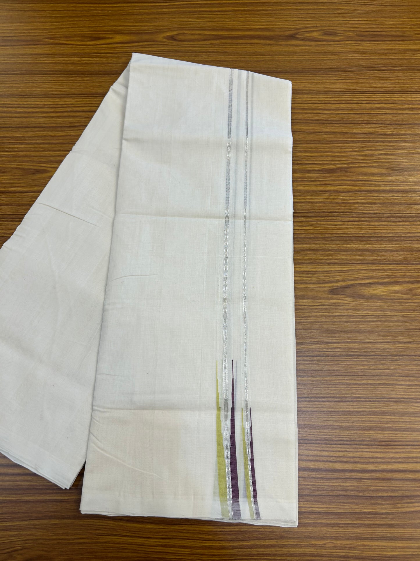 25% Discount! KaithariKada Handloom Millpaav Kerala Handloom - 100% Pure Cotton Off White Double (Unbleached) Mundu/Dothi - 80X90 -1 inch Puliyilakkara Silver Kasav Wine Purple & Light Yellow Double chutty 4 mtr (8.5 Muzham) - 7 KK5376 RAM