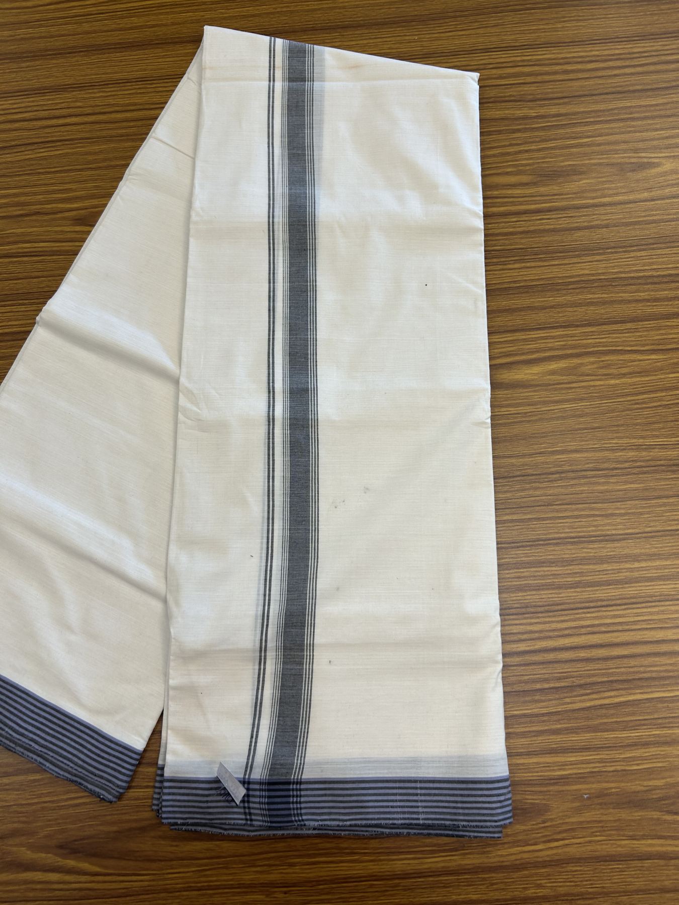 Kerala Handloom - Signature Kaitharikada - Government Sealed Hallmarked-100% Pure Cotton! (2/120sX100) Twisted Thread- Off White Double Mundu/Dhoti - 1 inch Black Shaded Striped Kara 4 mtr (8.5 muzham) - 29 KK5331 KAL