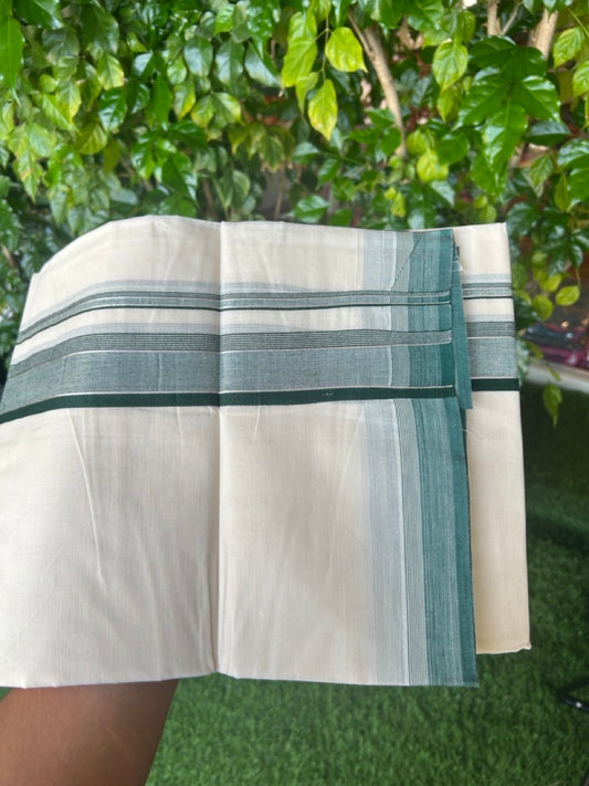 20% DISCOUNT! KaithariKada Balaramapuram 100% Cotton Double OFF WHITE (unbleached) Mundu/Dhoti- 100x80- 1.75 inch Silver Kasavu & Dark Green Stripes Shaded Kara 4 mtr (8.5 muzham) - 94KK5227 PMC