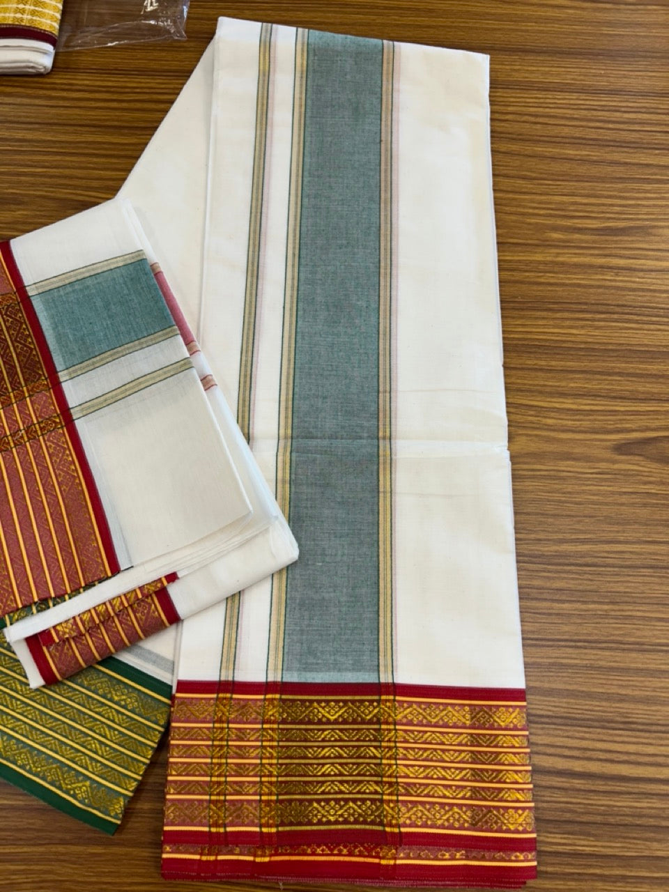 20% Discount! KaithariKada Mixed Cotton Off White - (Unbleached) 80x90 thread - North Indian - Gamcha 8x4 - 3.25 inch kara with Green & Red Gold Kasav Jacquard border - 20 KK5303 PMC
