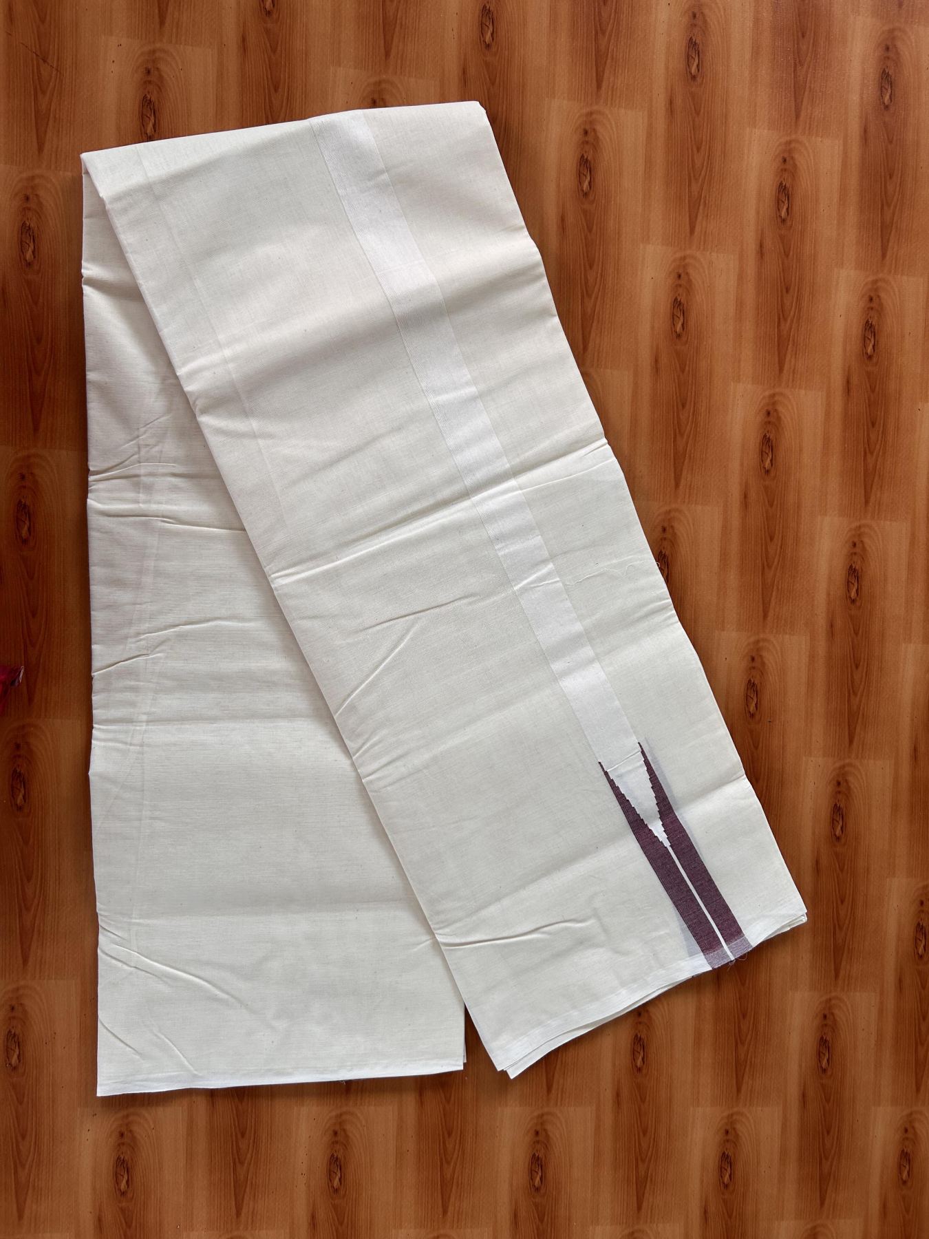 Double Off white Mundu/Dhoti - 20% Discount! KaithariKada Balaramapuram - 100% Cotton  100x100 - 1.25 inch Puliyilakkara Maroon Chutty Kara - 4 mtr (8.5 muzham) - 13 KK5435 ASH
