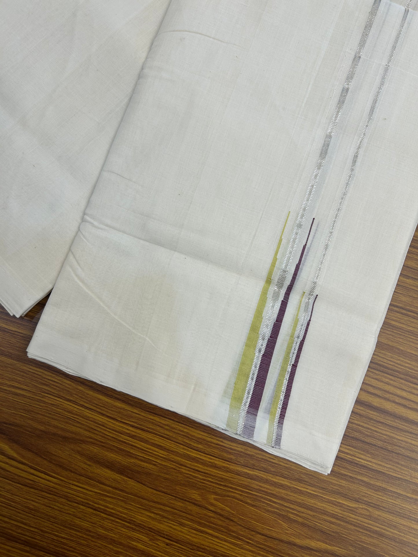 25% Discount! KaithariKada Handloom Millpaav Kerala Handloom - 100% Pure Cotton Off White Double (Unbleached) Mundu/Dothi - 80X90 -1 inch Puliyilakkara Silver Kasav Wine Purple & Light Yellow Double chutty 4 mtr (8.5 Muzham) - 7 KK5376 RAM