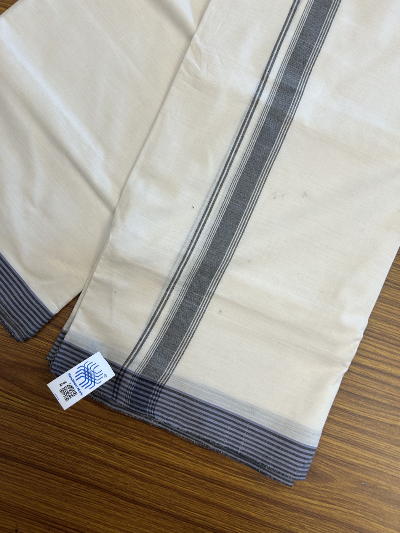 Kerala Handloom - Signature Kaitharikada - Government Sealed Hallmarked-100% Pure Cotton! (2/120sX100) Twisted Thread- Off White Double Mundu/Dhoti - 1 inch Black Shaded Striped Kara 4 mtr (8.5 muzham) - 29 KK5331 KAL