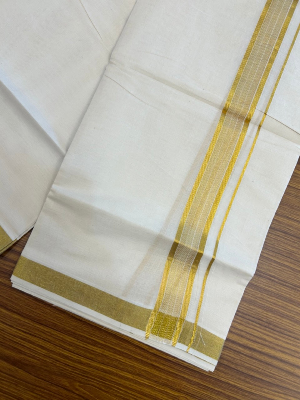 20% Discount ! Kaitharikada Balaramapuram 100% Cotton Off White Double Mundu/Dothi  - 100x100- 1.25 Inch Gold Kasav Design Kara - 42 KK5253 GAN