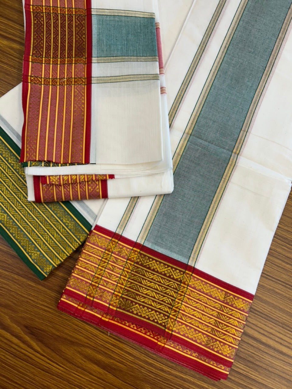 20% Discount! KaithariKada Mixed Cotton Off White - (Unbleached) 80x90 thread - North Indian - Gamcha 8x4 - 3.25 inch kara with Green & Red Gold Kasav Jacquard border - 20 KK5303 PMC
