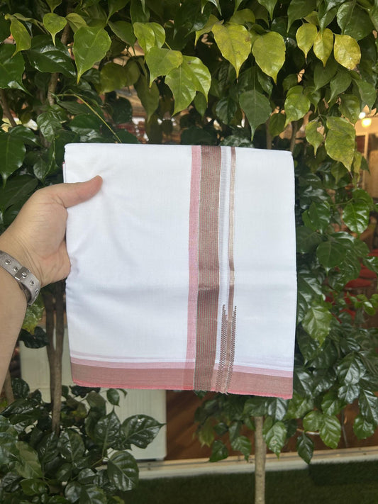 20% Discount!! Kaitharikada Balaramapuram 100% Pure Cotton Pure White Double Mundu/Dothi - 100x80 - 1.5 inch Dusty Rose & Green Silver Kasav Stripes Chutty Kara 3.90 m (8 muzham) - 16 KK5356 VAS
