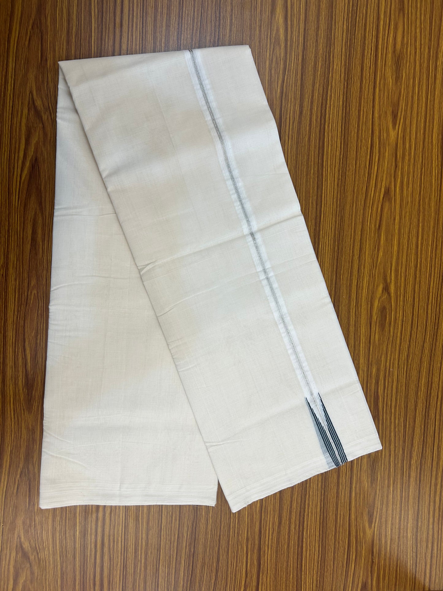 25% Discount ! KaithariKada Handloom Millpaav Kerala Handloom - 100% Pure Cotton Off White Double (Unbleached) Mundu/Dothi - 80X90 - 1 inch Puliyilakkara Silver Kasav & Bottle Green Stripes chutty Kara 4 mtr (8.5 Muzham) - 12 KK5376 RAM