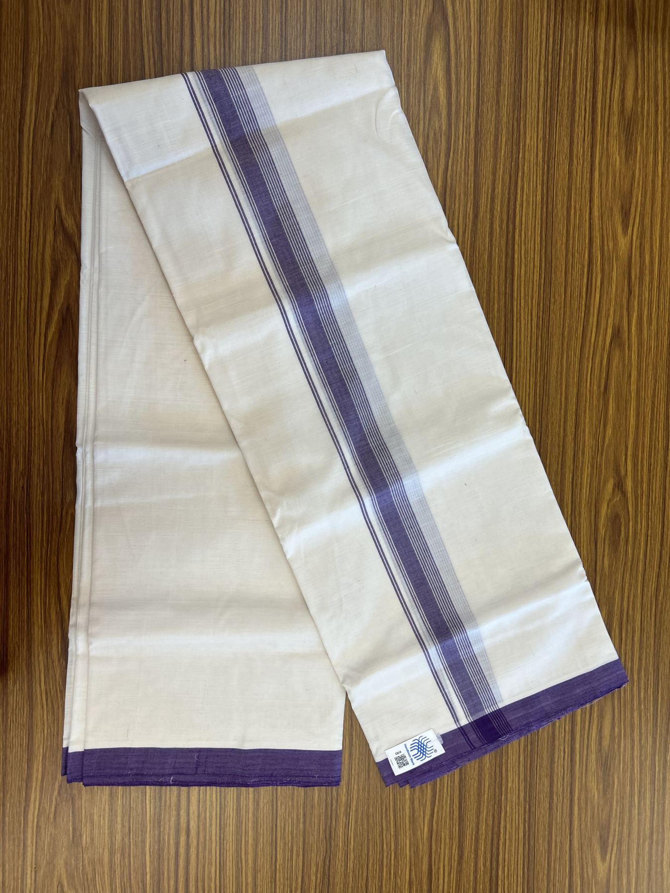 Kerala Handloom - Signature Kaitharikada - Government Sealed Hallmarked-100% Pure Cotton! (2/120X2/160) Twisted Thread- Off White Double Mundu/Dhoti - 1.25 inch Violet Shaded Striped Kara 4 mtr (8.5 muzham) - 30 KK5331 KAL