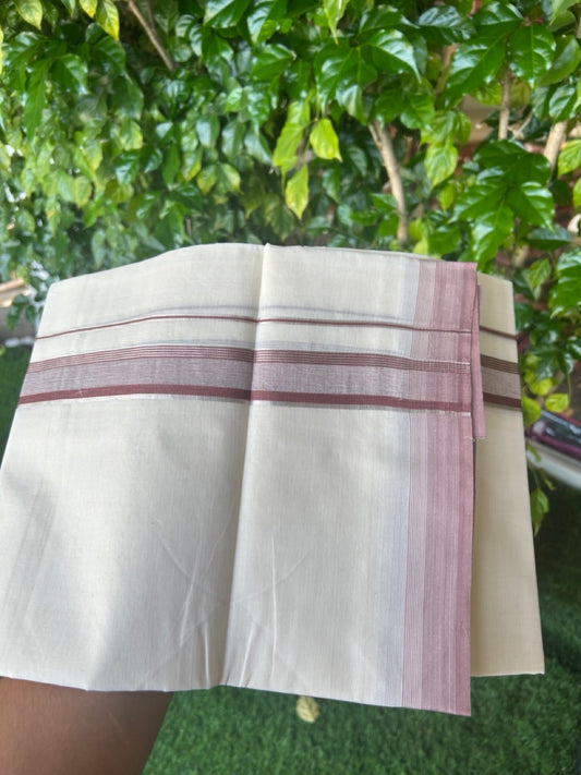 20% DISCOUNT! KaithariKada Balaramapuram 100% Cotton Double OFF WHITE (unbleached) Mundu/Dhoti- 100x80- 1.25 inch Silver Kasavu & Brown Stripes Shaded Kara 4 mtr (8.5 muzham) - 96KK5227 PMC