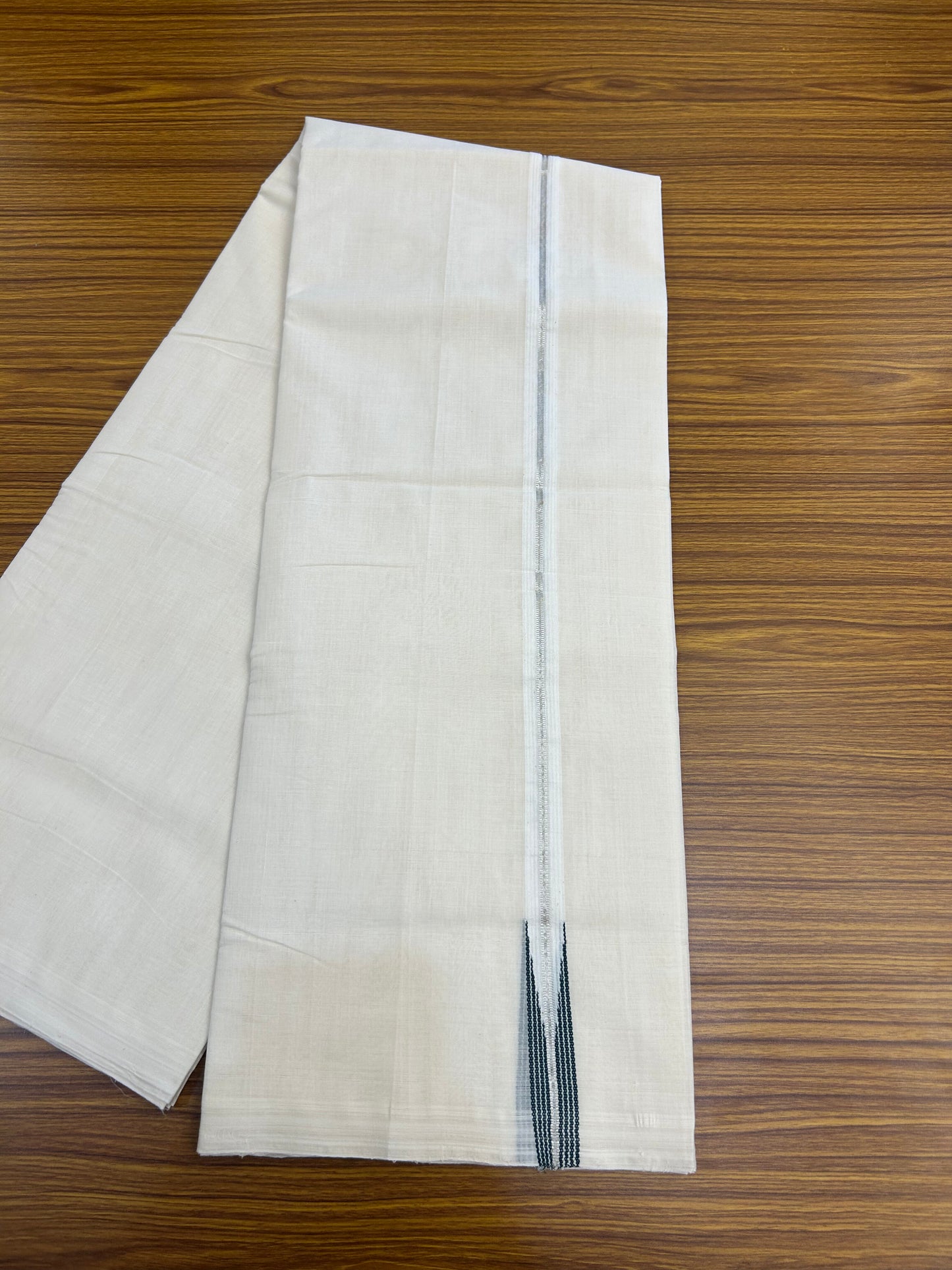 25% Discount ! KaithariKada Handloom Millpaav Kerala Handloom - 100% Pure Cotton Off White Double (Unbleached) Mundu/Dothi - 80X90 - 1 inch Puliyilakkara Silver Kasav & Bottle Green Stripes chutty Kara 4 mtr (8.5 Muzham) - 12 KK5376 RAM