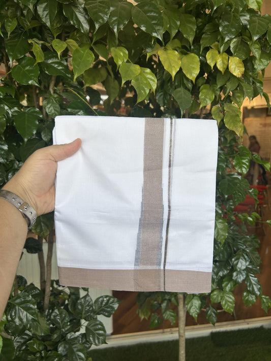 20% Discount ! Kaitharikada Balaramapuram 100% Cotton Pure White Double Mundu/Dothi - 100x80 - 1.5 inch Puliyilakkara Silver Kasav Black & Light Coffee Brown Chutty Kara 3.90 mtr (8 muzham) - 82 KK5356 VAS