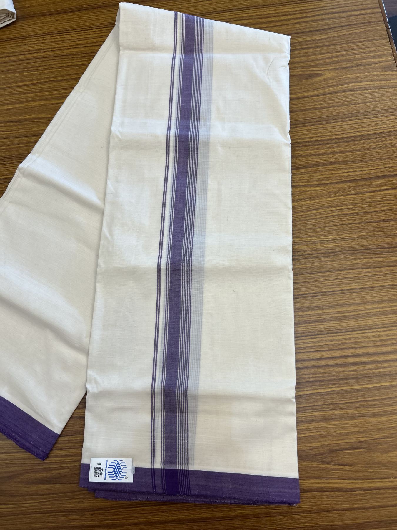 Kerala Handloom - Signature Kaitharikada - Government Sealed Hallmarked-100% Pure Cotton! (2/120X2/160) Twisted Thread- Off White Double Mundu/Dhoti - 1.25 inch Violet Shaded Striped Kara 4 mtr (8.5 muzham) - 30 KK5331 KAL