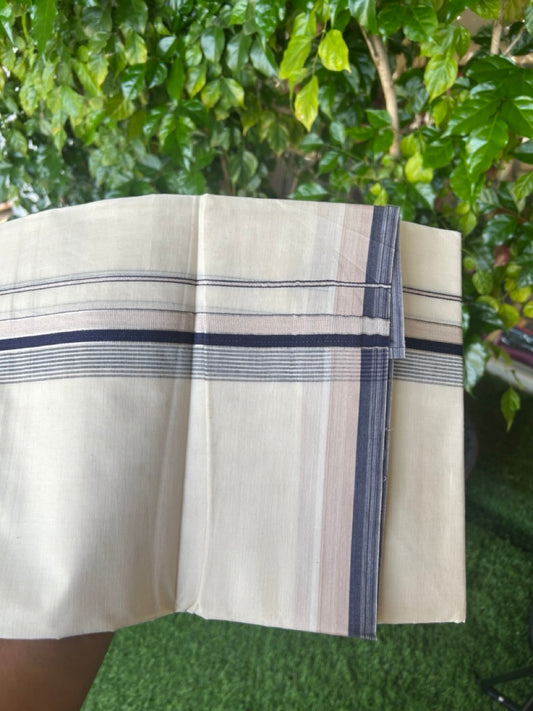 20% DISCOUNT! KaithariKada Balaramapuram 100% Cotton Double OFF WHITE (unbleached) Mundu/Dhoti- 100x80- 1.5 inch Silver Kasavu Navy Blue & Cream Stripes Shaded Kara 4 mtr (8.5 muzham) - 97KK5227 PMC