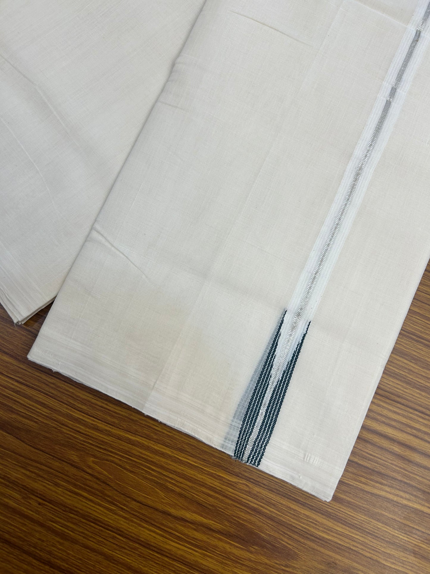 25% Discount ! KaithariKada Handloom Millpaav Kerala Handloom - 100% Pure Cotton Off White Double (Unbleached) Mundu/Dothi - 80X90 - 1 inch Puliyilakkara Silver Kasav & Bottle Green Stripes chutty Kara 4 mtr (8.5 Muzham) - 12 KK5376 RAM