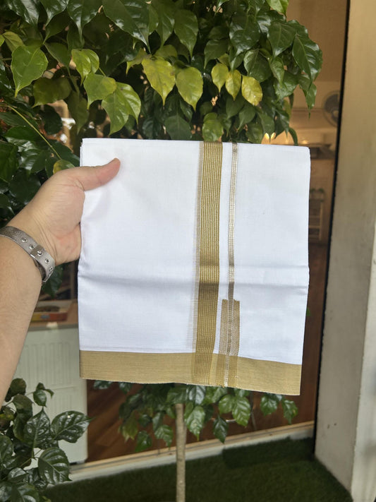 20% Discount!! Kaitharikada Balaramapuram 100% Pure Cotton Pure White Double Mundu/Dothi - 100x80 - 0.75 inch Dark Mustard & Silver Kasav Stripes Chutty Kara 3.90 m (8 muzham) - 18 KK5356 VAS