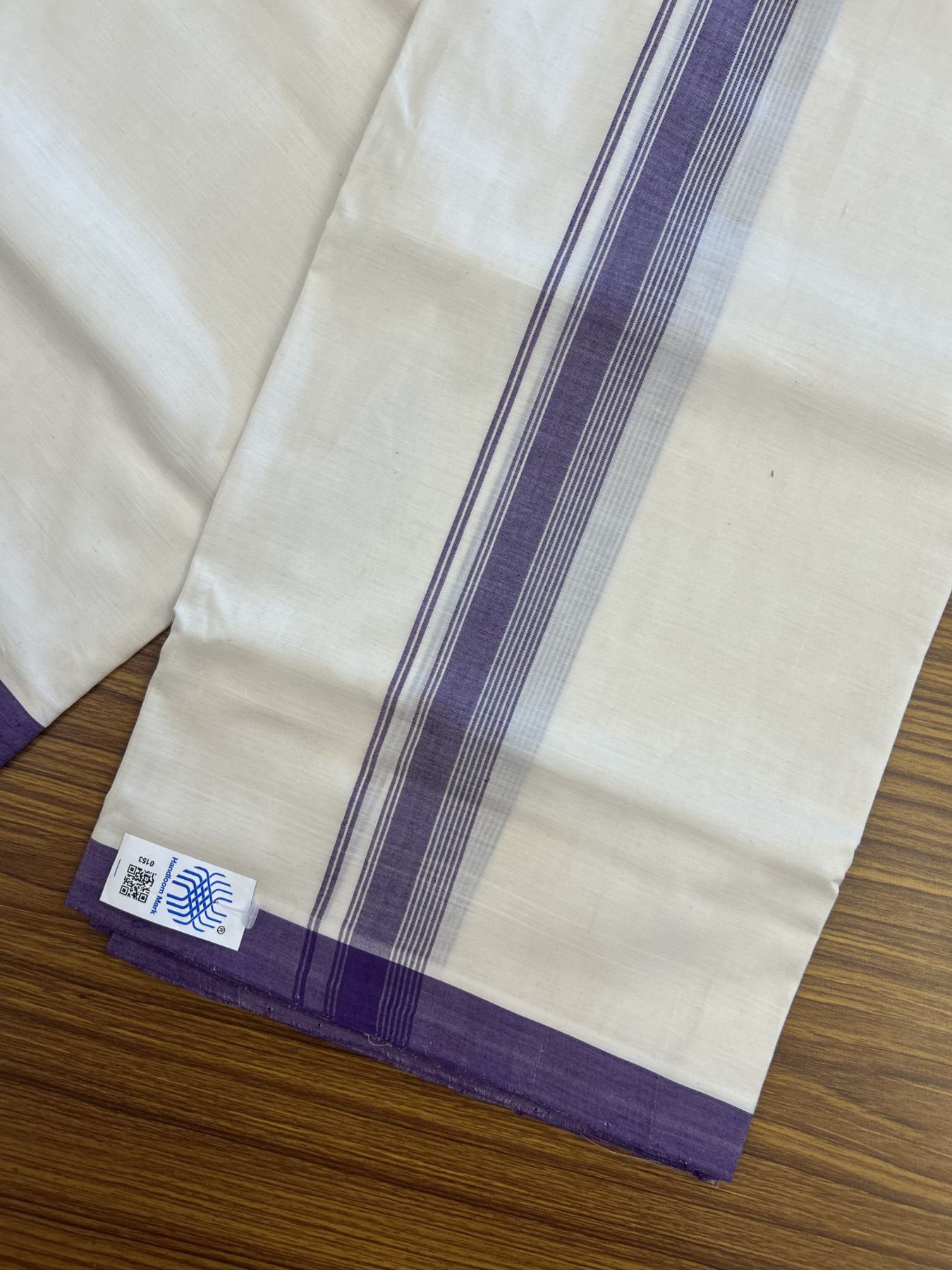 Kerala Handloom - Signature Kaitharikada - Government Sealed Hallmarked-100% Pure Cotton! (2/120X2/160) Twisted Thread- Off White Double Mundu/Dhoti - 1.25 inch Violet Shaded Striped Kara 4 mtr (8.5 muzham) - 30 KK5331 KAL