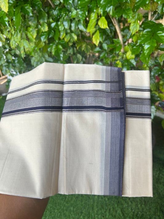 20% DISCOUNT! KaithariKada Balaramapuram 100% Cotton Double OFF WHITE (unbleached) Mundu/Dhoti- 100x80- 1.75 inch Silver Kasavu & Navu Blue Stripes Shaded Kara 4 mtr (8.5 muzham) - 89KK5227 PMC
