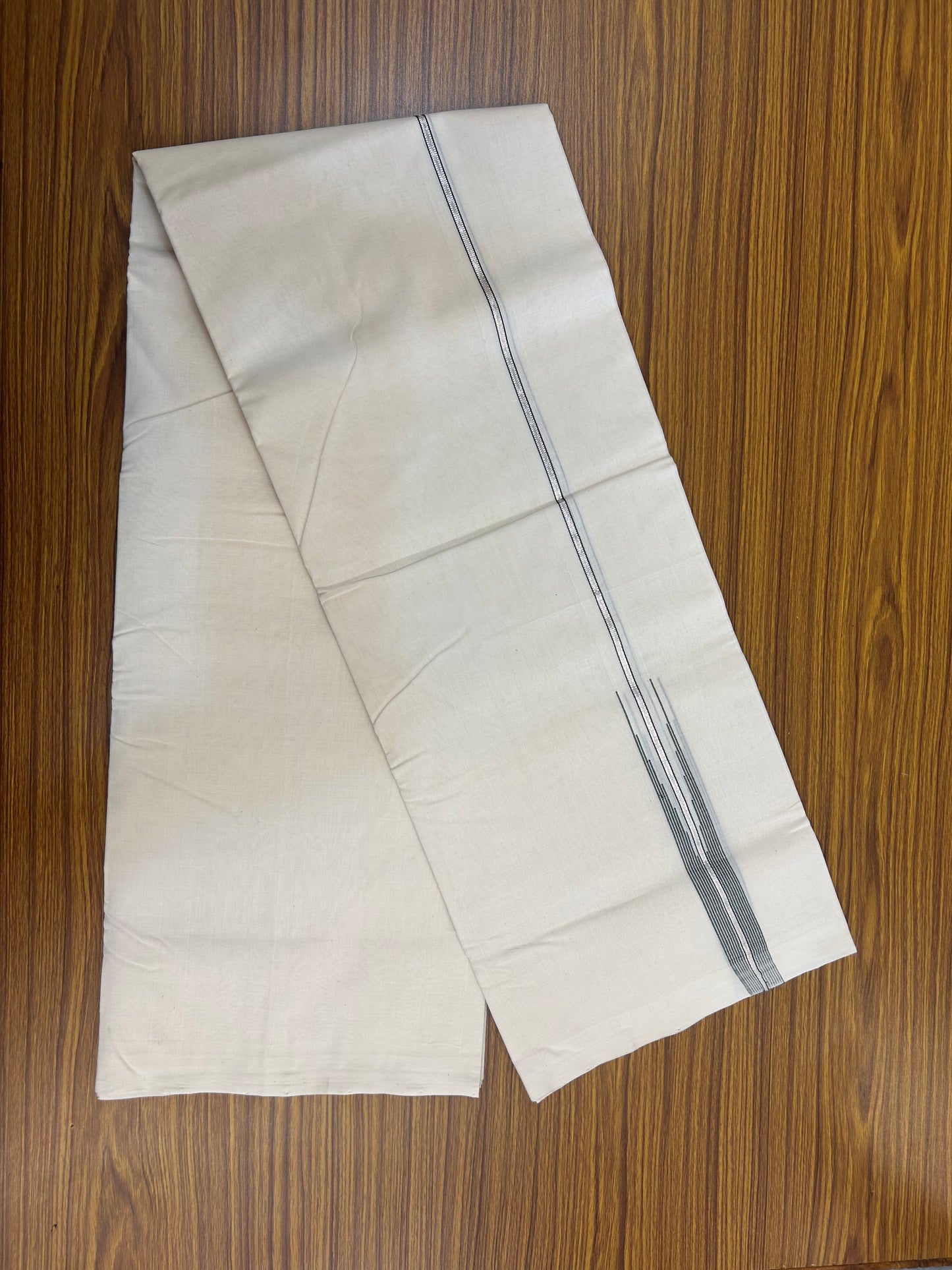 25% Discount ! KaithariKada Handloom Millpaav Kerala Handloom - 100% Pure Cotton Off White Double (Unbleached) Mundu/Dothi - 80X90 - 1 inch Puliyilakkara Silver Kasav & Sage Green Stripes chutty Kara 4 mtr (8.5 Muzham) - 13 KK5376 RAM
