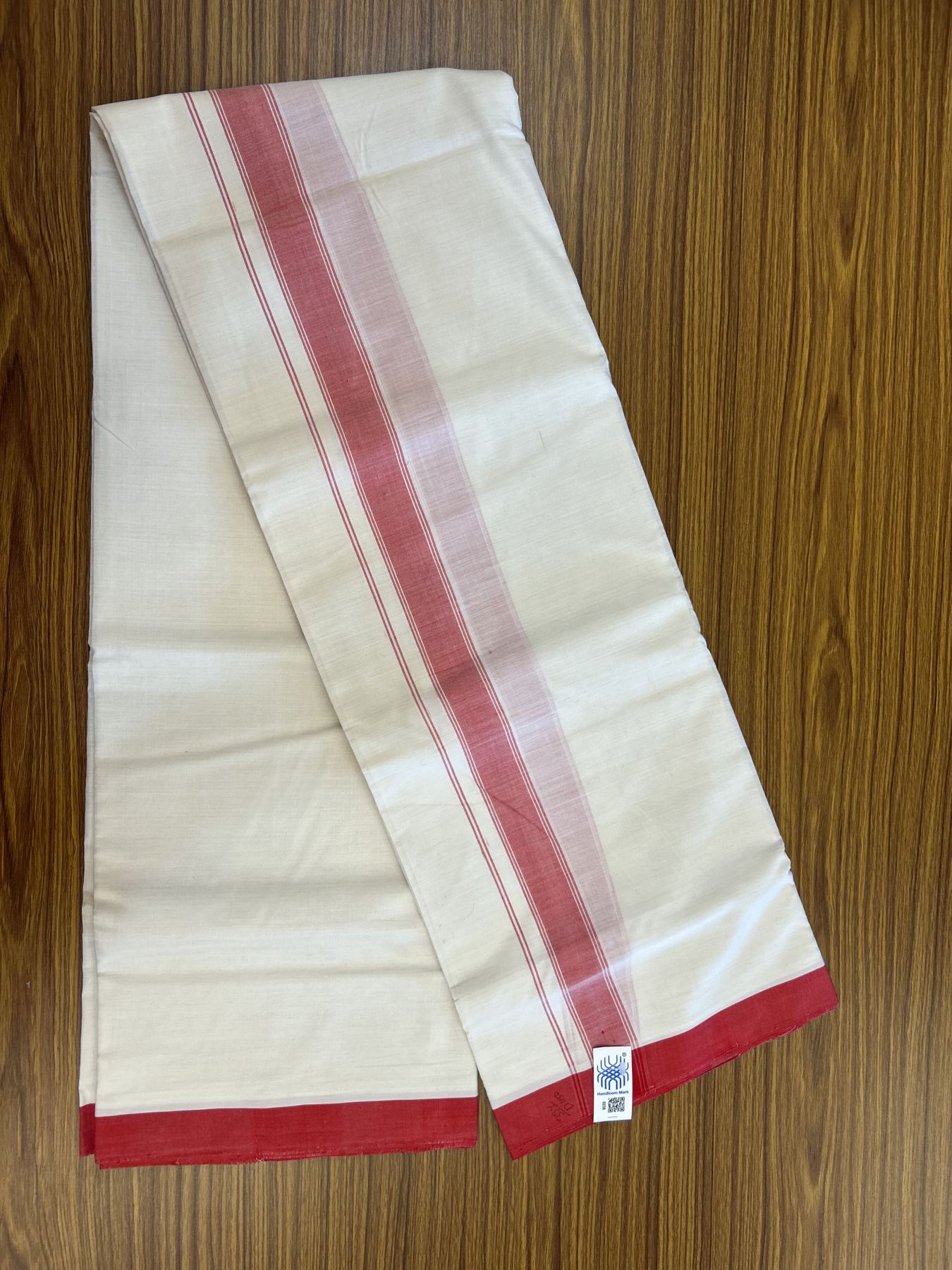 Kerala Handloom - Signature Kaitharikada - Government Sealed Hallmarked-100% Pure Cotton! (2/120X2/160) Twisted Thread- Off White Double Mundu/Dhoti - 1.25 inch Red Shaded Striped Kara 4 mtr (8.5 muzham) - 31 KK5331 KAL