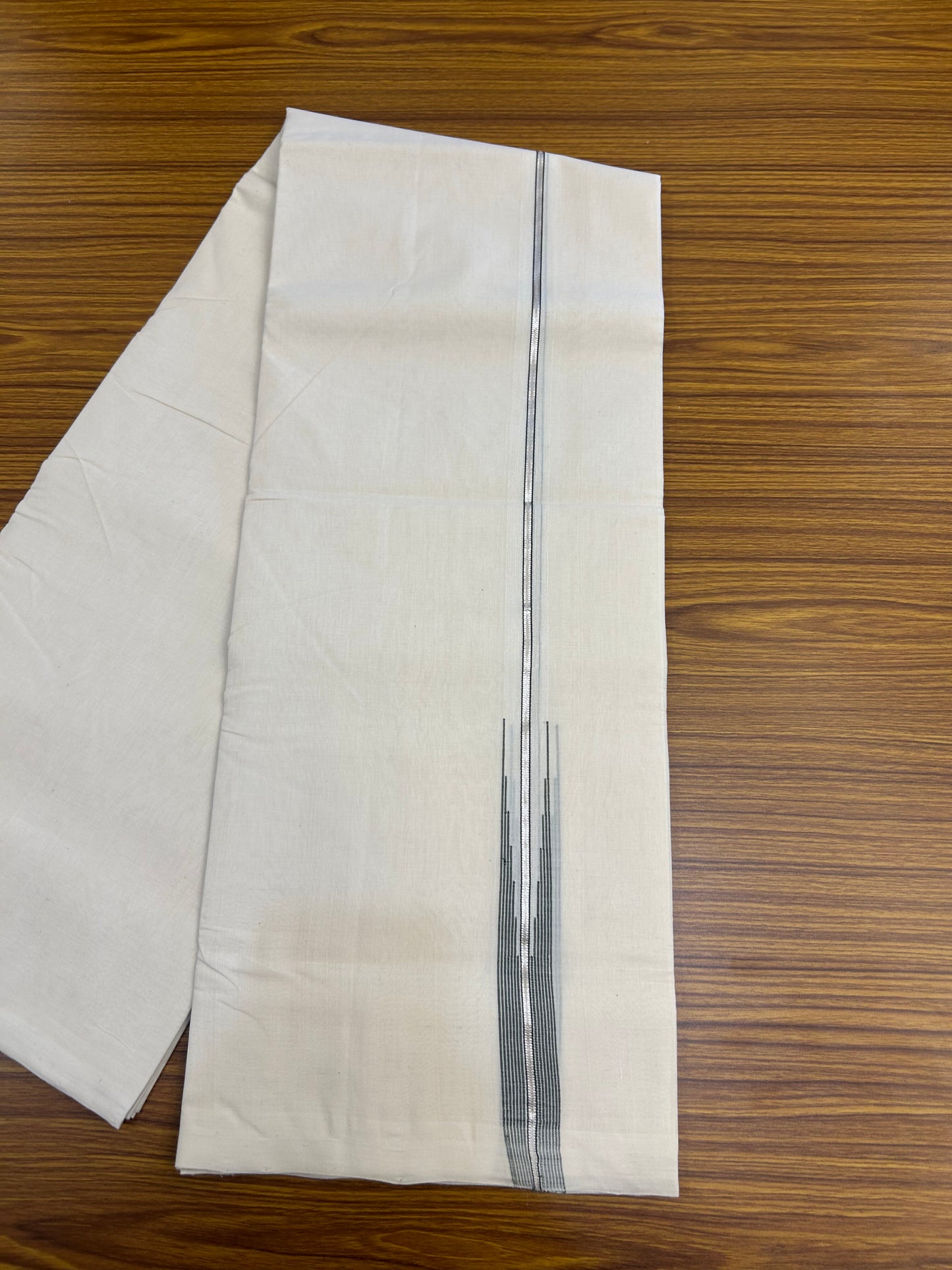 25% Discount ! KaithariKada Handloom Millpaav Kerala Handloom - 100% Pure Cotton Off White Double (Unbleached) Mundu/Dothi - 80X90 - 1 inch Puliyilakkara Silver Kasav & Sage Green Stripes chutty Kara 4 mtr (8.5 Muzham) - 13 KK5376 RAM