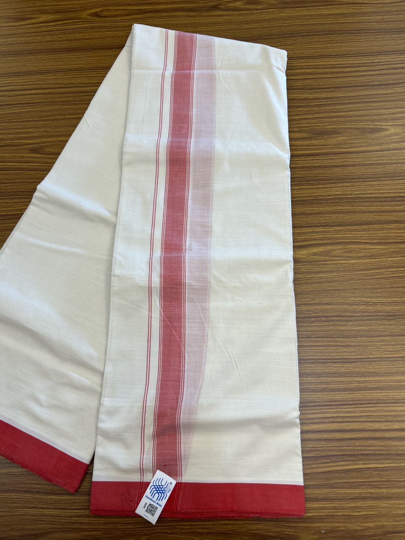 Kerala Handloom - Signature Kaitharikada - Government Sealed Hallmarked-100% Pure Cotton! (2/120X2/160) Twisted Thread- Off White Double Mundu/Dhoti - 1.25 inch Red Shaded Striped Kara 4 mtr (8.5 muzham) - 31 KK5331 KAL