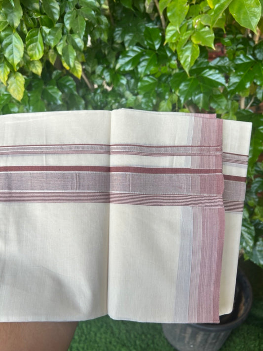 20% DISCOUNT! KaithariKada Balaramapuram 100% Cotton Double OFF WHITE (unbleached) Mundu/Dhoti- 100x80- 1.75 inch Silver Kasavu & Brown Stripes Shaded Kara 4 mtr (8.5 muzham) - 91KK5227 PMC