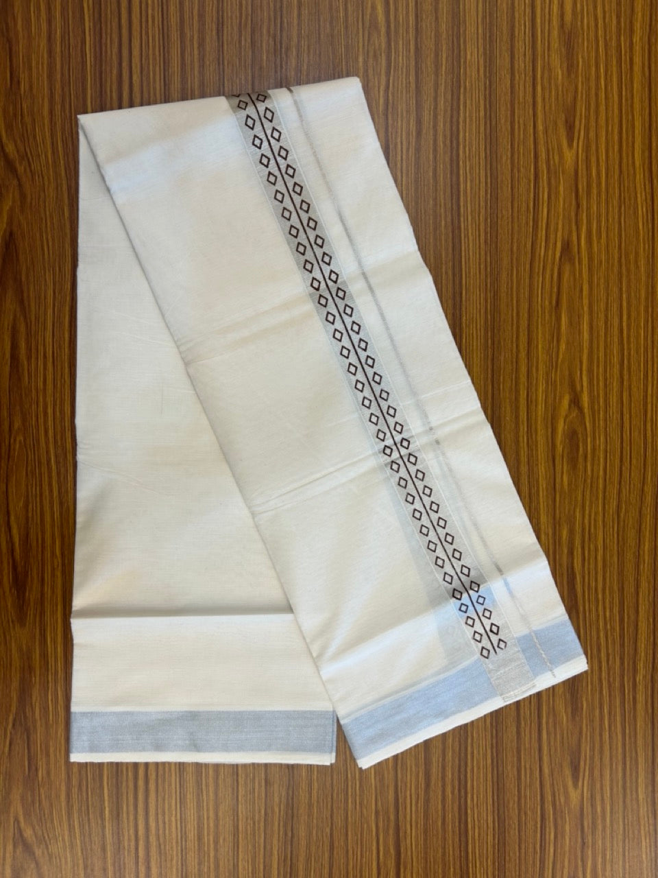 22% Discount!! KaithariKada Balaramapuram 100% Cotton Double Off White - (Ubleached) Mundu/Dhoti - 80x80 - 1.5 inch Silver Kasavu &  Brown Printed Design Kara - 4 mtr (8 muzham)- 7 KK5253 GAN
