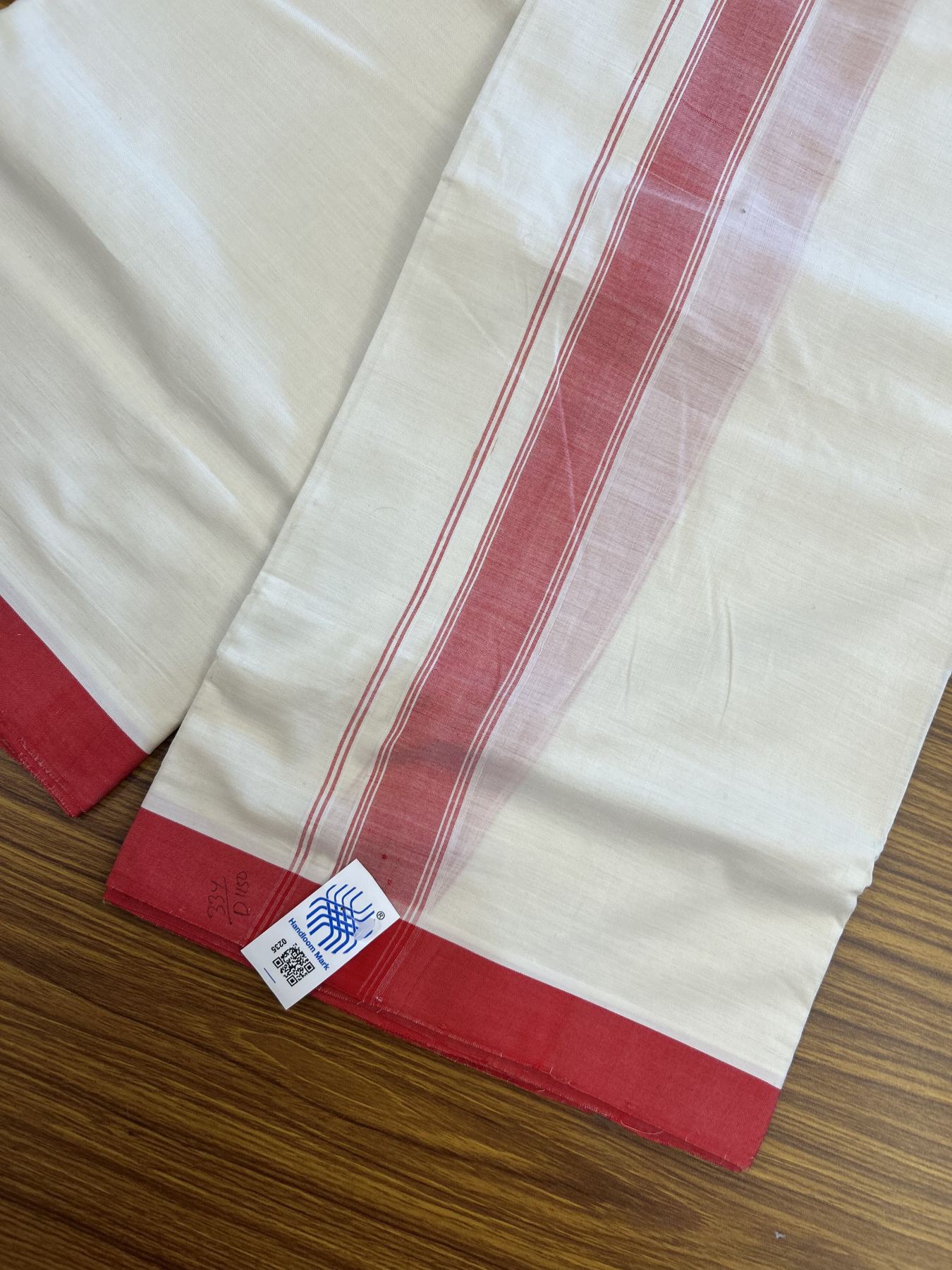 Kerala Handloom - Signature Kaitharikada - Government Sealed Hallmarked-100% Pure Cotton! (2/120X2/160) Twisted Thread- Off White Double Mundu/Dhoti - 1.25 inch Red Shaded Striped Kara 4 mtr (8.5 muzham) - 31 KK5331 KAL