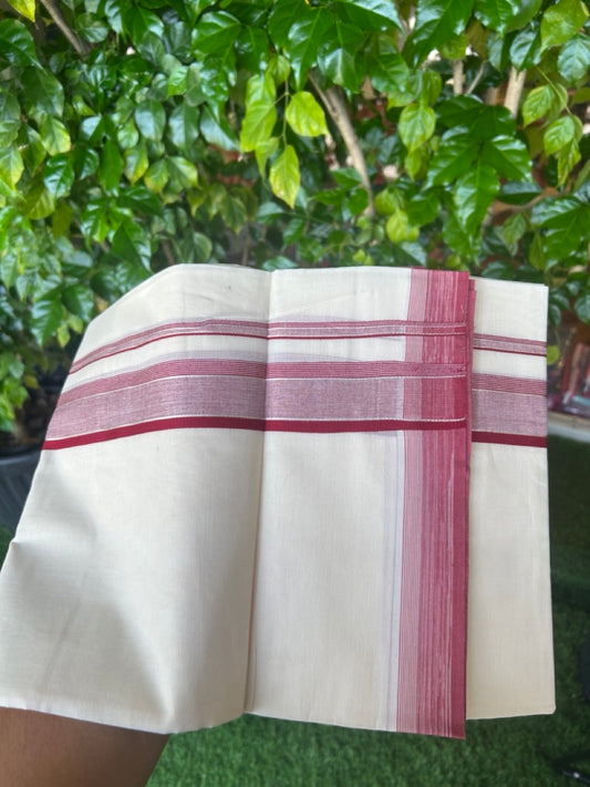 20% DISCOUNT! KaithariKada Balaramapuram 100% Cotton Double OFF WHITE (unbleached) Mundu/Dhoti- 100x80- 1.75 inch Silver Kasavu & Maroon Red Stripes Shaded Kara 4 mtr (8.5 muzham) - 87KK5227 PMC