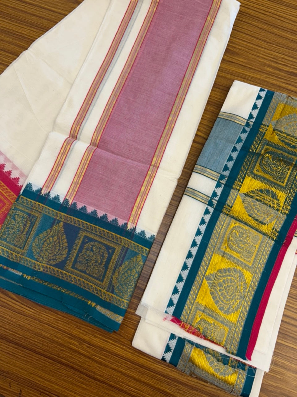 20% Discount! KaithariKada Mixed Cotton Off White - (Unbleached) 80x90 thread - North Indian - Gamcha 8x4 - 4 inch kara with Peacock Green & Rani Pink Gold Kasav Jacquard border - 14 KK5303 PMC